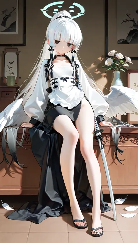 1girl, black eyes, jitome, white Hair, black Gradient Hair, blunt bangs, hime cut, ponytail, bird wings, feathers hair, small Breast, maid, high-waist, Side slit skirt, Choker, bare legs, foot, toenails, black nails, masterpiece, best quality, Perfect deta...