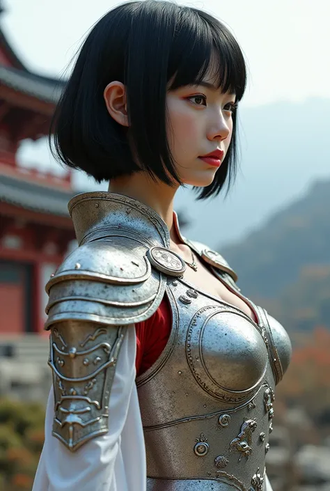  1 Japanese beauty ,  A full-body goddess wearing intricate armor who rules white dragons 、Temple Background、（ photorealistic:1.4）、 perfect anatomy、Glowing Skin、 black hair、 bob cut hair、 with straight eyebrows and bangs 、A nicely aligned neckline 、 small ...