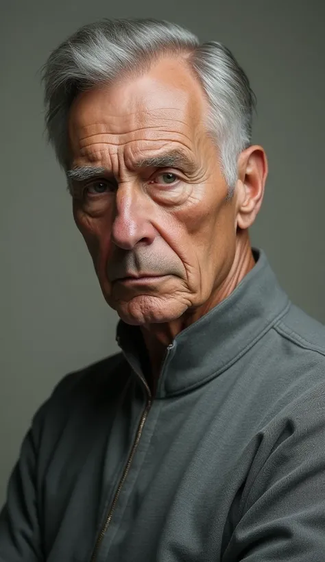 old man, grey hair, grey top, no beard, strict