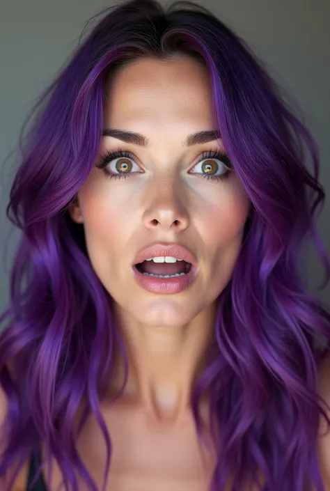 Jessica Biel with purple hair and a surprised look