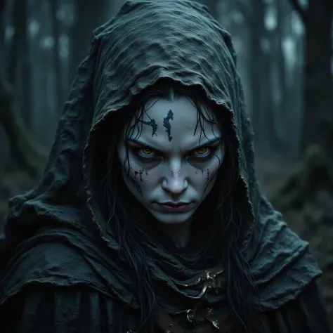 Warhammer is a dark fantasy. Dark elf girl scout. Violet eyes. An angry frowning face with very white marble skin. There's a blue dragon tattoo on his cheek. Long black hair, braided in pigtails. A mottled gray-green wet leather cape with a hood is draped ...