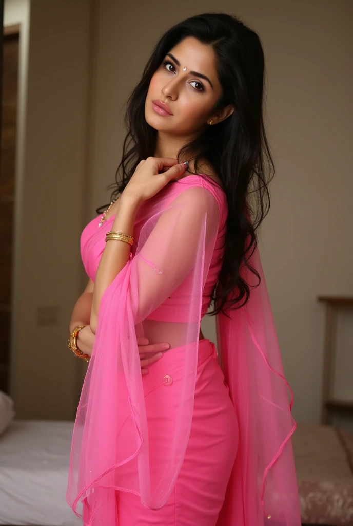 Beautiful young Indian girl in transparent pink wet silk saree provocative pose seductive super hot 