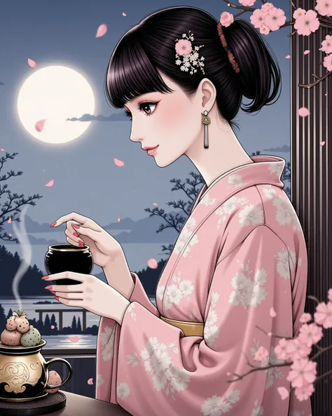 a beautiful young woman in a teahouse, gracefully performing a traditional tea ceremony, blunt bangs, super cute, chignon, earring, facial profile, detailed kimono, elegant movements, steam rising from the teapot, ornate tea set, A moonlit Japanese garden ...