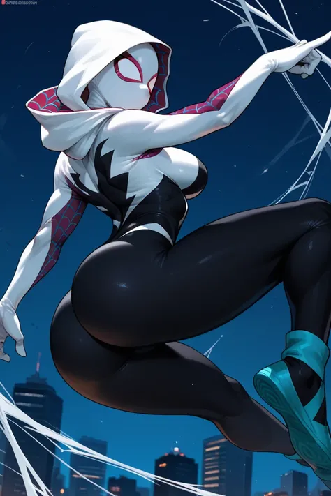 spider gwen swinging, dynamic pose, mask, ass, big breasts, sexy pose, night