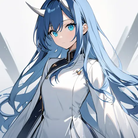 A 18 year old woman, Long deep blue hair with silver streak, Cyan eyes color, Mostly human with faint blue scale, Small elegant sapphire imperial horns and wearing a stylist navy and silver jacket with a flowing tunic.