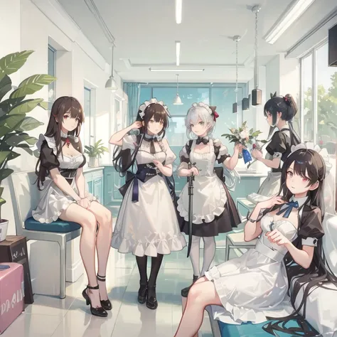  (Future 2077)
 alien world，Maids line up at the door，trainings
Maid Cafe，Standing positions that seduce men