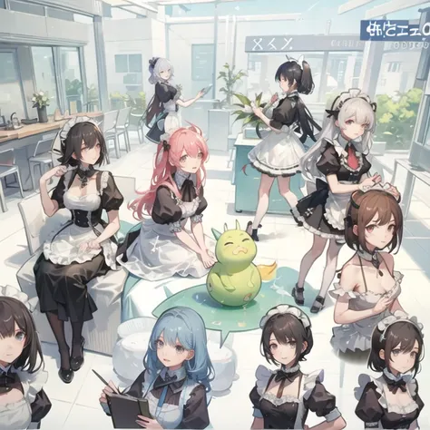  (Future 2077)
 alien world，Maids line up at the door，trainings
Maid Cafe，Standing positions that seduce men