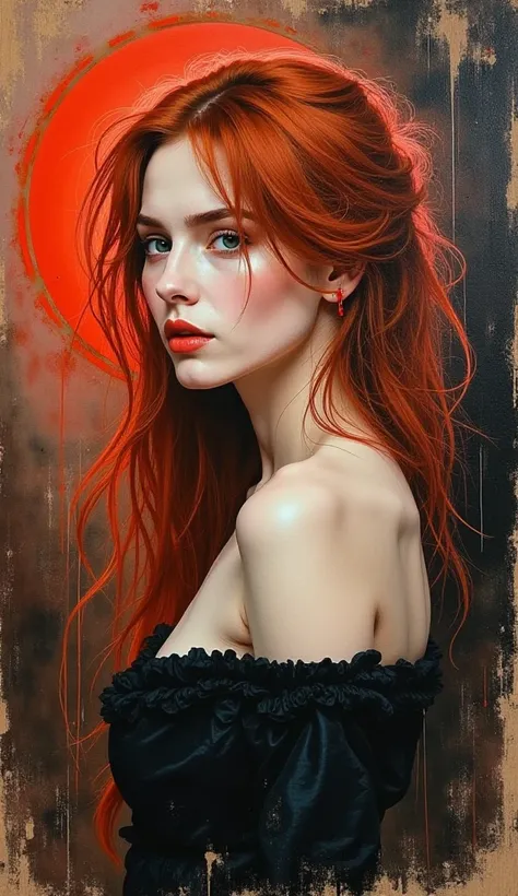 Hint: Incorporate Jeremy Mann's characteristic oil painting style, paint a portrait of a beautiful woman, side view, full bust, snow-white skin like jade, messy long ginger hair, a light red sunset background, a dirty and dark background, black and coffee ...