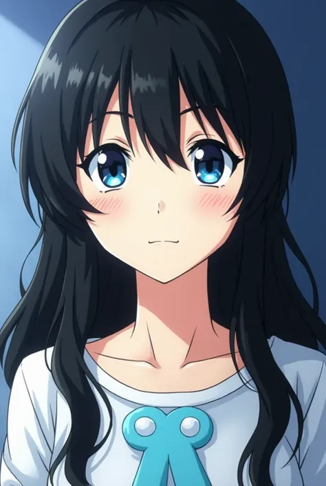 OC from the anime : Boku no Hero.

Light-skinned female character with long black hair with bangs and a light blue lock on the front.  eyes with heterochromia: dark blue with light blue pupil outline .