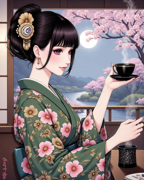 a beautiful young woman in a teahouse, gracefully performing a traditional tea ceremony, blunt bangs, super cute, chignon, earring, facial profile, detailed kimono, elegant movements, steam rising from the teapot, ornate tea set, A moonlit Japanese garden ...