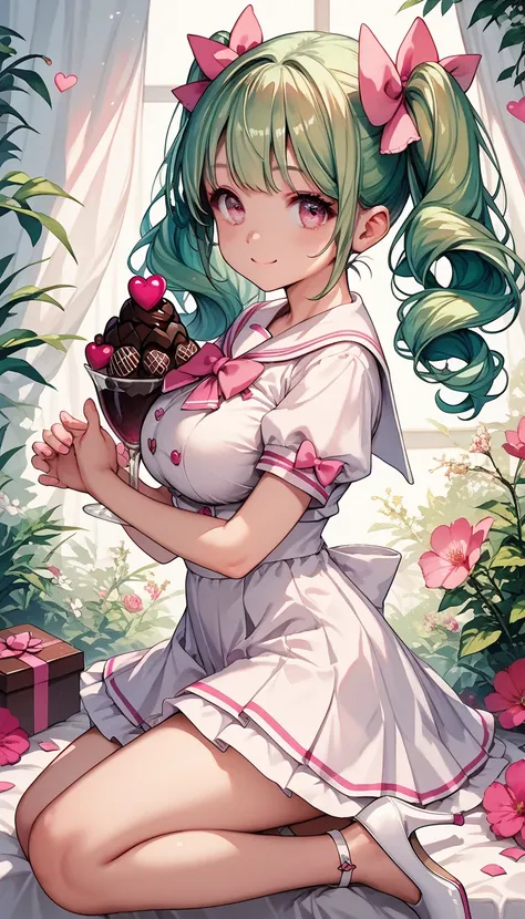 score_9, score_8_up , score_7_up ,source_anime,1cute girl, EMERALD hair,  pattern 、 twin tails,  pink ribbon, cute smile, Large breasts,  cute white sailor suit with pink lines, miniskirt, pink eyes, White High Heels ,　chocolate parfait　,from side