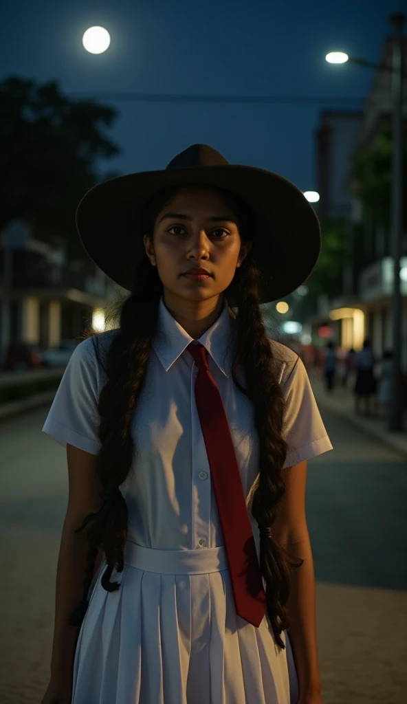 " A young woman with long and silky hair ,  and big expressive eyes ,  finds herself unprepared on a dark and lonely street in Guatemala.  The light of the full moon illuminates her face ,  highlighting its beauty .  a small man ,  dressed in black and wea...