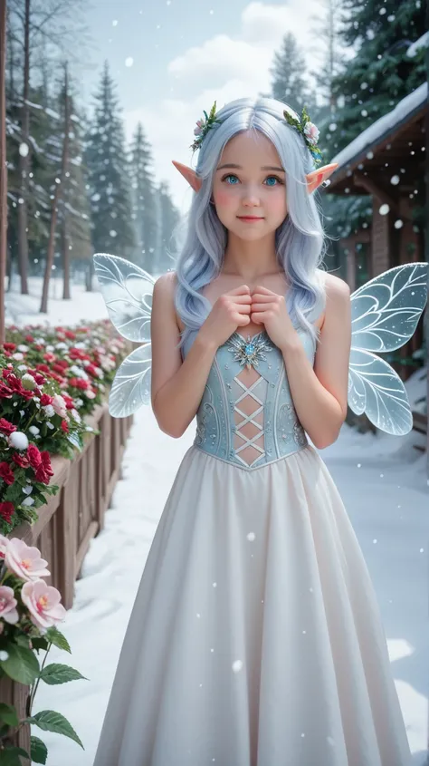 
reality， High detail,  Best Quality , :Frost，A snow elf ， on flowers ， Cute and playful ， delicate cheeks ， Wear a cute and charming dress from curious ，elf wings， wears a cute and charming dress， Shine Effect ,  8k octagonal rendering , 