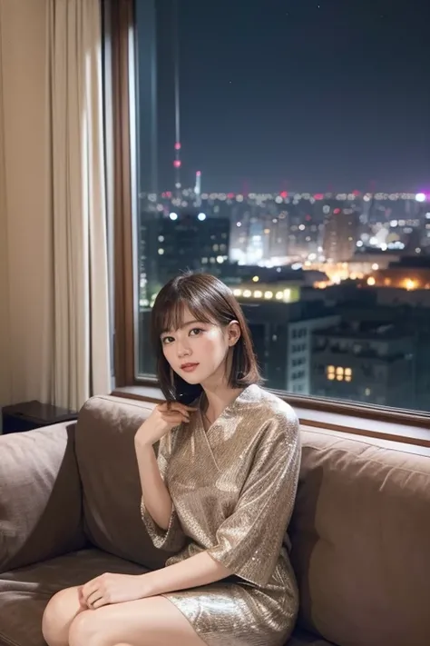  ((( I'm sitting on the sofa at home and relaxing　)))    28 year old female　 cool face 　　 upper body　(((   The night view can be seen from the large window　　))) ((( Disconnect (years )))) ((( Luxury brand room fashion )))  Live Action　 Live Actionと見分けが付かない...