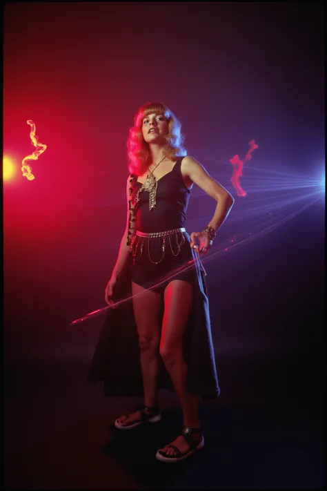 Model dynamic vintage 1970s photoshoot with vibrant lens flares and sparkling 1980s electric feel with dark smokey backdrop 