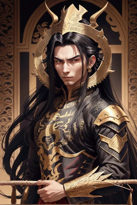 Long black hair, piercing eyes, and a calm, commanding expression. He wears traditional royal armor with intricate dragon motifs, standing tall and proud. Realistic, high-detail, solo