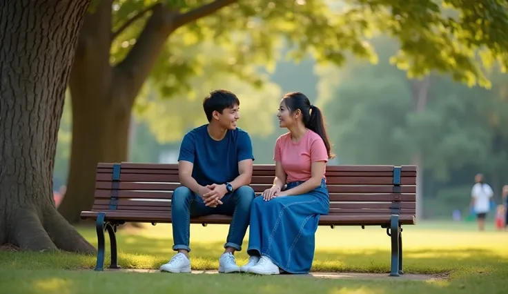 Rudi, a 25 year old Indonesian man (black hair, blue t-shirt, blue jeans, white sneakers) and Yani, a 20 year old Indonesian woman (black hair, pink t-shirt, long blue jeans skirt, white sneakers) sat together on a bench in the city park  under a large tre...