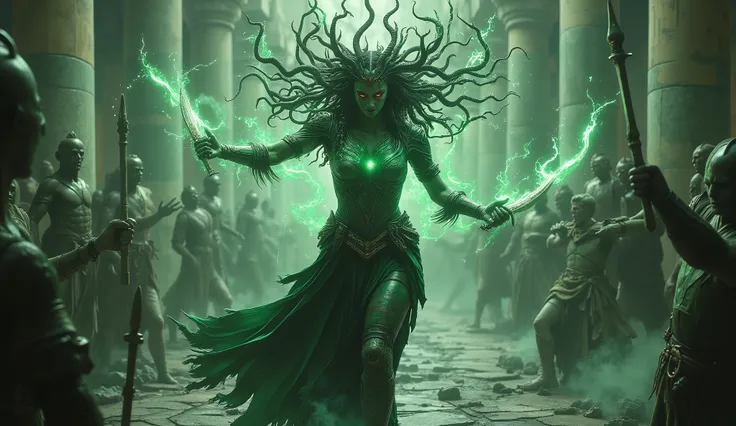 /Camera Shot + Motion: High-angle shot, rotating pan; Medusa unleashes her petrifying gaze, from Medusa's gaze, a green light emitted, wherever the green light went, the surrounding warriors were turned into stone. Snakes grew from her head and wriggled an...