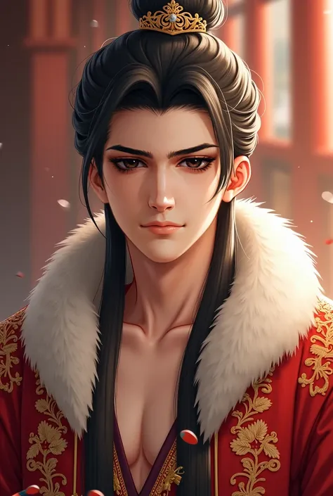 1 handsome Chinese guy. Half-pigtailed hair pulled back . Wearing a crown of hair on his head. Hazel color sharp eyes . handsome face . cute face .  smiling seductively .  very handsome face .  A Royal Prince. Memakai hanfu sutra luxurious warna kuning kee...