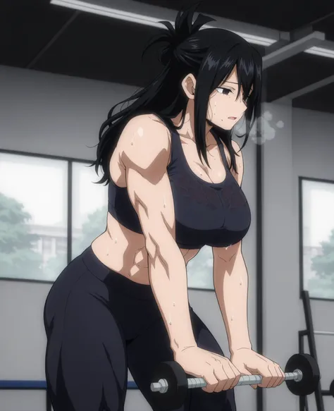 1girl,solo,mm,mature female,black hair,mole under mouth,long hair,muscular,black eyes,large breasts,anime coloring,
sports bra, yoga pants, sweat,wet clothes, heavy breathing, training,gym,
,masterpiece,best quality,amazing quality, out of breath 