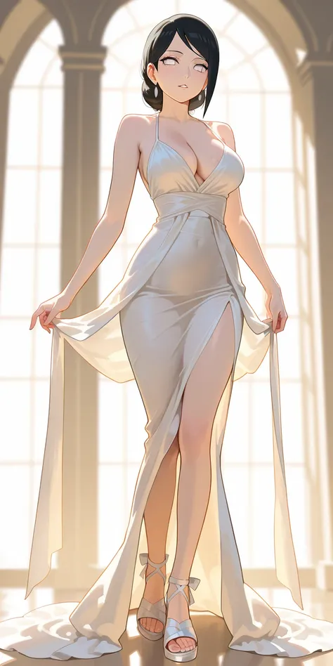 Masterpiece, elegant mature woman, hinata\(naruto\), white eyes, hair bridal style, black color hair, forehead, tall body, slim, white short wedding dress (short gown, wearing white gowntlet), medium breast, cleavage, full body, white gladiator style strap...