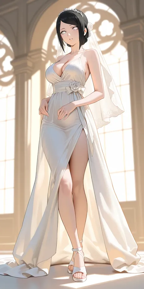 Masterpiece, elegant mature woman, hinata\(naruto\), white eyes, hair bridal style, black color hair, forehead, tall body, slim, white short wedding dress (short gown, wearing white gowntlet), medium breast, cleavage, full body, white gladiator style strap...