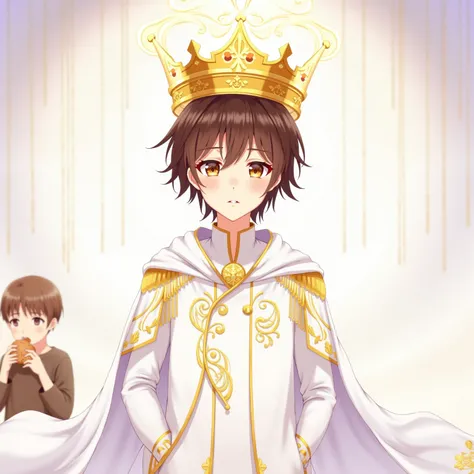 Anime style boy, brown hair,and the gold crown above his head  ,   is wearing white and gold clothes, I'm eating chocolate