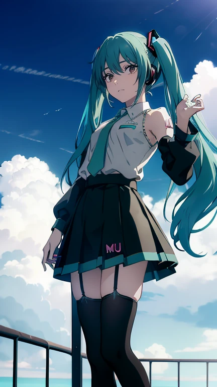 ((((wondrous,  BEST QUALITY,  ultra high resolution)))), 1人の Hatsune Mikuが 明るい北海道のニセコのスキー場の雪原でスキーをしている，( black skirt、 Hatsune Mikuのヘットセットを突けていsる， Hatsune Mikuのシャツ、Garter belt on leg、green白い肌、Shine_eye、(ultra 詳細なeye:0.7、 beautiful detailed faces 、detailedey...