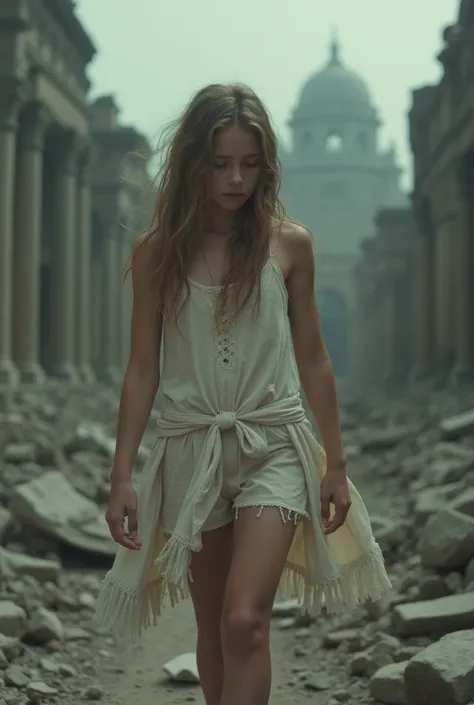  a cute little adolescent girl，A lovely adolescent girl with an angelic face ，Slightly raised breasts，Clothes do not cover， is dilapidated ，naked lower body，Walking on the ruins and crying ，movie quality，End of the World。