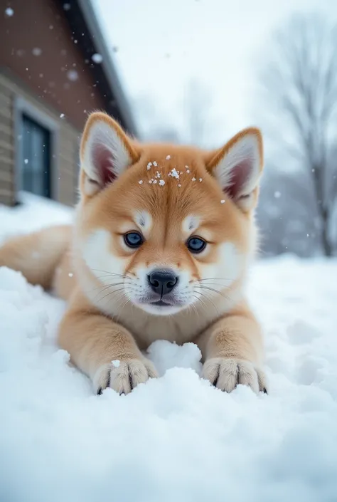  surreal。Real photo。A kitten with light brown fur shedding snow piled up on the roof of the house、Please draw a scene of a large Akita dog whose nose is not black。Kittens are happily scattering snow 、 Please express how Akita dogs cooperate to drop snow 。 ...