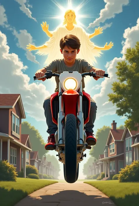 A boy on a stunt bike and God next door motivating him to do his best