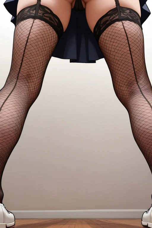 skinny, slim, slender, (hip:1.5), ass focus, medium hip, nsfw, worm's-eye view, lower body, from below, (low angle:1.5), overhead shot, low-angle shot, full body,  serafuku, skirt,  (g-strings:1.5), garter stockings,  black fishnet pantyhose, white shoes, ...