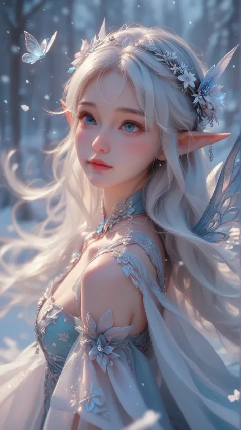 
reality， High detail,  Best Quality , :Frost，A snow elf ， on flowers ， Cute and playful ， Exquisite cheeks ， Wear a cute and charming dress from curious ，elf wings， wears a cute and charming dress， Shine Effect ,  8k octagonal rendering , 