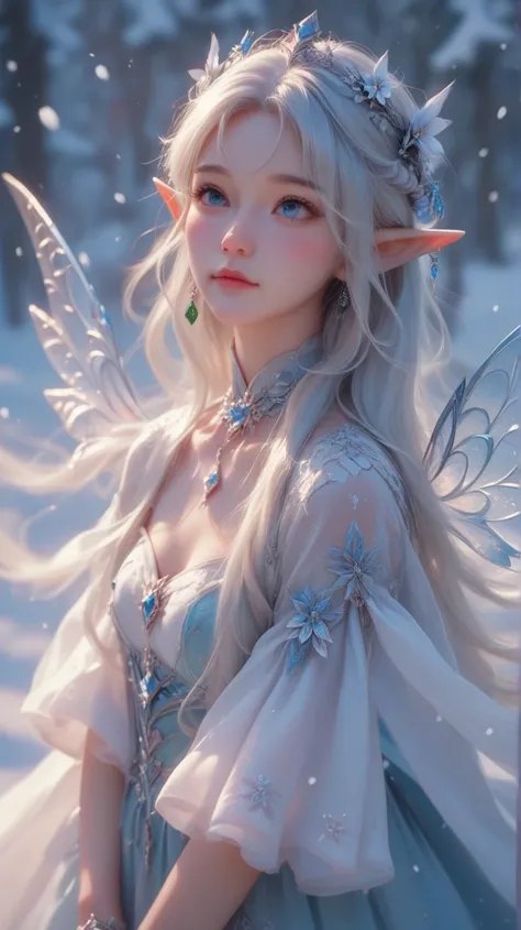 
reality， High detail,  Best Quality , :Frost，A snow elf ， on flowers ， Cute and playful ， Exquisite cheeks ， Wear a cute and charming dress from curious ，elf wings， wears a cute and charming dress， Shine Effect ,  8k octagonal rendering , 