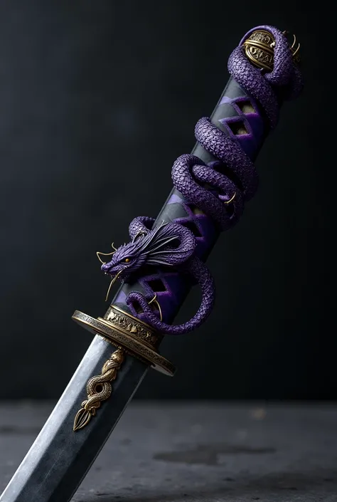 an intricately beautiful Katana with a dragon like shape on the tsuka, purple and black,