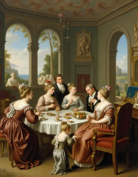  In the center of the room ,  a group of people dressed in luxurious clothes exquisitely detailed and gather around an oval table ,  covered with a lace tablecloth .  The women wear silk dresses with ruffles and embroidered flowers ,  and their hair is fuz...