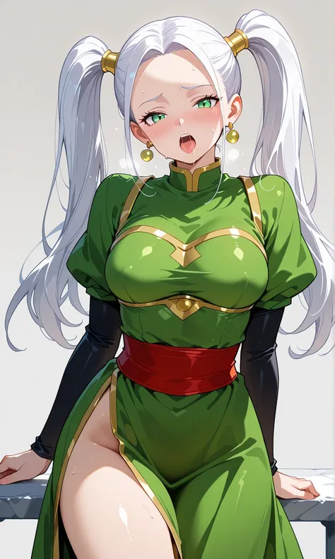  twin pigtails,ponytail hair, white hair,vados from anime dragon ball,cosplay de vados, focus on her breasts , sensual and provocative ,lewd, Medium Breasts,Open mouth,lengua afuera de forma lewd,saliva, green dress