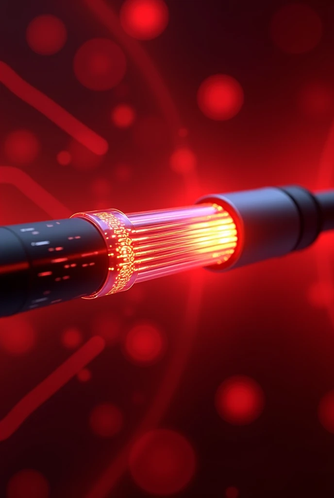 A futuristic 3D-rendered optical fiber cable with glowing fiber strands emerging from the cut end. The fibers emit bright light, symbolizing high-speed internet and data transmission. The background is a dynamic, blurred digital environment with motion str...