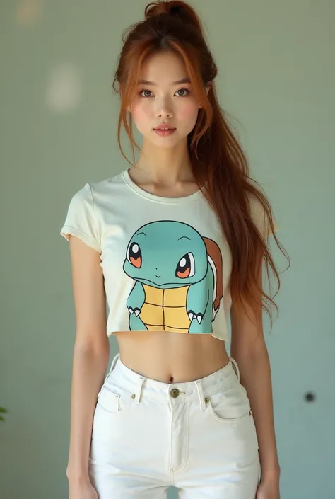 beatifull woman with long chesnut hair tied into a ponytail, short sleeve shirt with a cartoon picture of squirtle printed on the front,white hot pants, long white legs