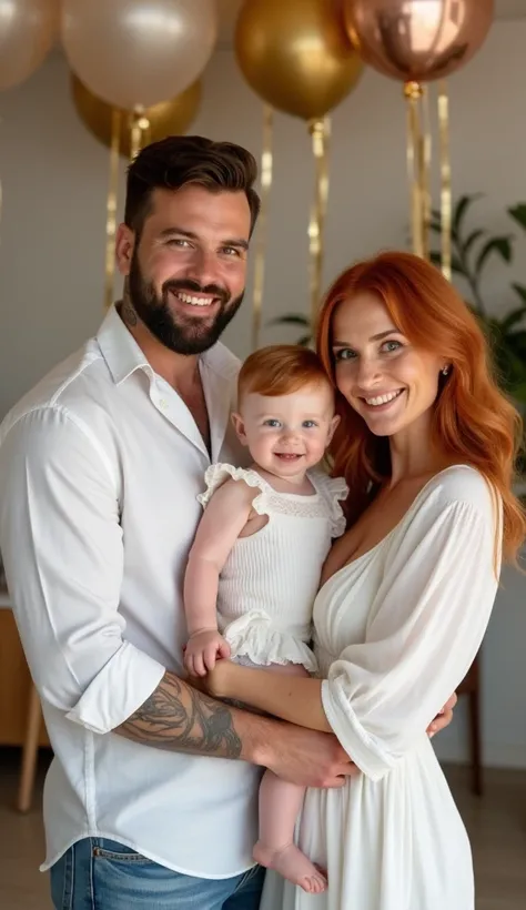 (They are at their son's party taking a photo of the three of them as a souvenir, their son is turning , they all look beautiful, wearing cute and matching clothes, elegant) A beautiful family made up of the man who is the father, he is 1.90 meters tall, m...