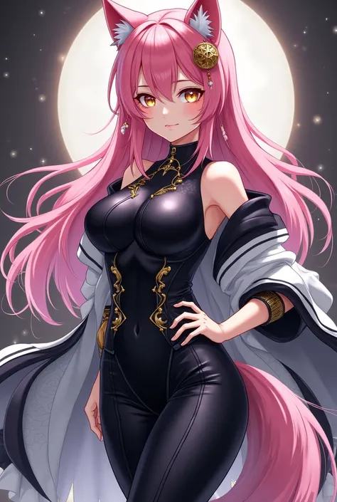 ( top quality,  borrowed letter ,  official art ,  full body,  Beautiful and aesthetic:1.2)  a werewolf girl anime,  fair skin ,  pink hair,  golden eyes,  black and white clothes , black and white pants.
