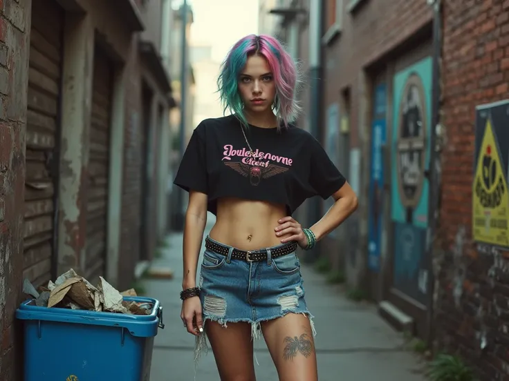 An 18-year-old punk girl, embodying the rebellious spirit of her surroundings with a torn denim skirt that exposes a hint of a rebellious tattoo on her right thigh. Her bare midriff, adorned with a studded belt, reveals a flat stomach and a pierced navel. ...