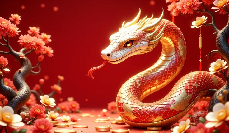 ((((8k))), ((CG, lots of explanation)), (effort), (16k), (( very memorable and beautiful)), (((masterpiece))), (((((8k))))), a big red snake with a golden Chinese pattern, a dwarfed orange tree with golden orange-fruits, (snake in the middle As for the ora...