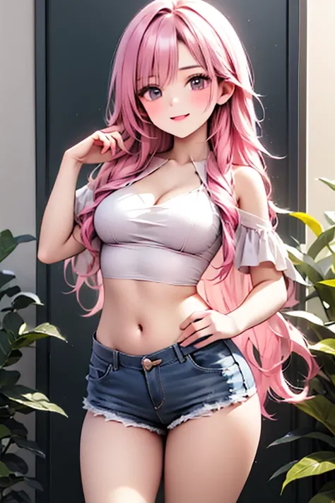  A young woman with long pink hair with medium breasts and a slim waist with long legs. She has her back raising her hips a little and wears a small blouse that leaves her waist visible.. She is wearing short shorts .