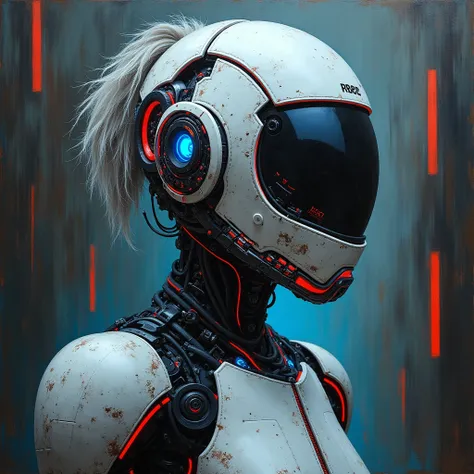 "Create an expressionist painting of a futuristic helmet robot with a striking, intricate cybernetics ape mask featuring mechanical details and a unique hairstyle. urban style. Use bold, expressive brush strokes to evoke emotion, incorporating a palette of...