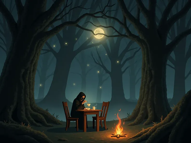 Forest, moonlight, tea , wooden table and chairs, fireflies, mysterious atmosphere, ancient trees, mist, tea aroma, nature