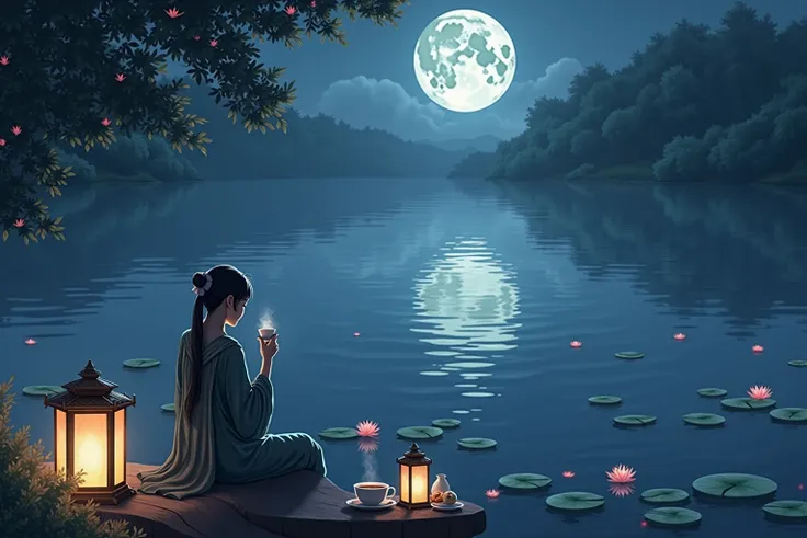 Lakeside, moonlight, tea , water reflection, lotus flowers, tranquility, gentle breeze, tea snacks, classical lanterns, poetic