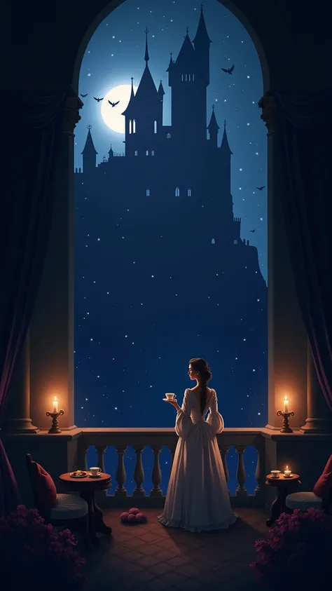 Castle, balcony, moonlight, tea , classical furniture, starry sky, candlelight, noble attire, romantic atmosphere, historical vibe