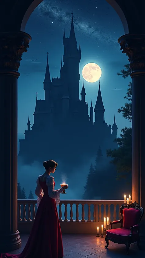 Castle, balcony, moonlight, tea , classical furniture, starry sky, candlelight, noble attire, romantic atmosphere, historical vibe