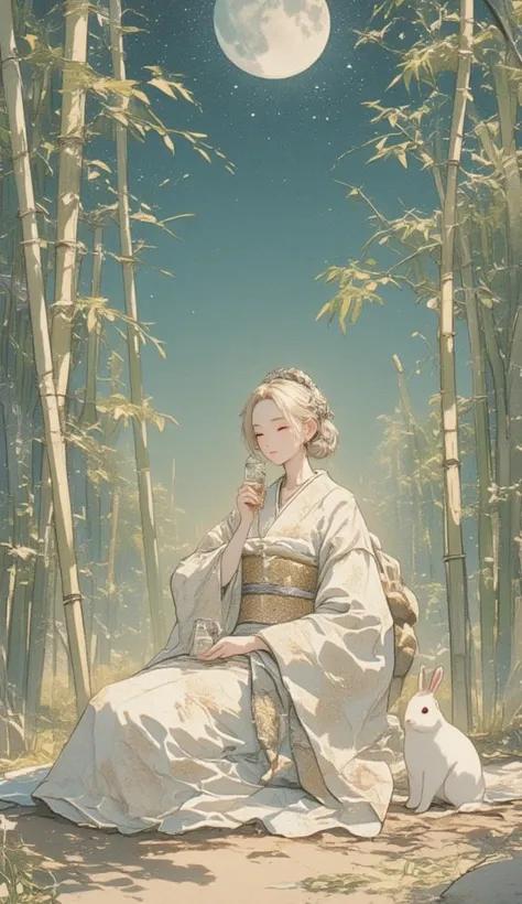 ( Masterpiece,  highest quality),(  Ukiyo-e style  :1.5), Subtle colors, Post-Grunge,  Concept Art, Bamboo forests on both sides、 intricate details. art stationのトレンド,  Detailed Description ,(Princess Kaguya and rabbit drinking alcohol in a bottle,Sit on Ea...